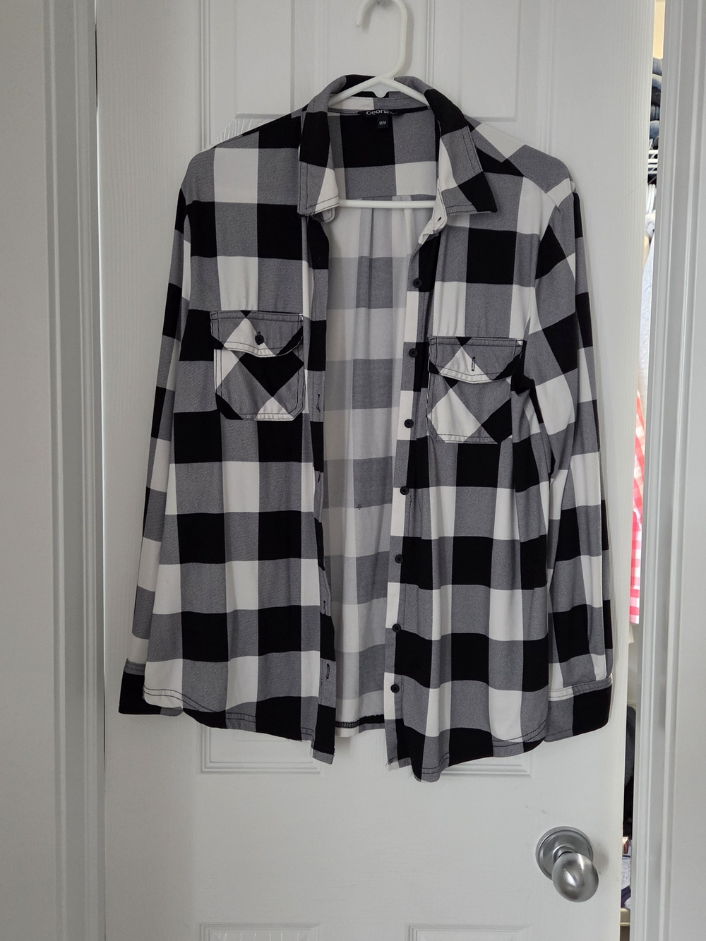 George Black and White Buffalo Plaid Button-Down Women Shirt Size M